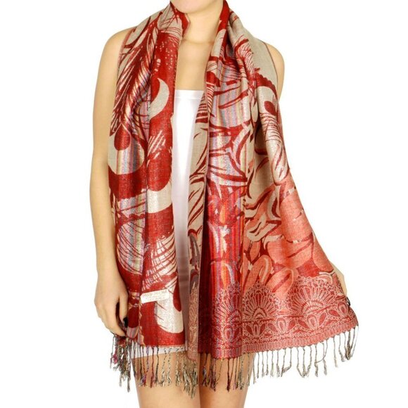 NWT Gorgeous Reversible Peacock's Feather Fringed Pashmina Shawl Evening Wrap - Picture 9 of 16